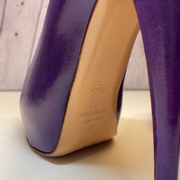 Giuseppe Zanoti Purple Leather Peek a Boo Open Toe Stiletto 4.25” Heels EUC - Picture 4 of 14